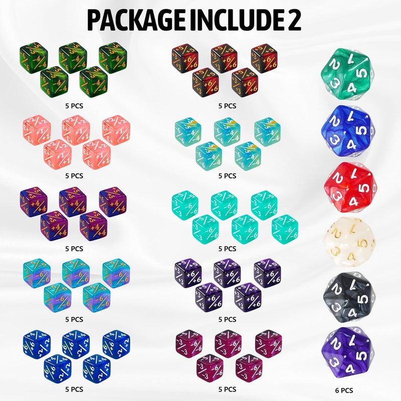 Ravonixis 100 PCS MTG Dice Set – Ability Keyword Counters, +1/-1 Life Counter Shield Shaped Dice, D20 Number Dice, Buff Tokens, with 2 Velvet Bags for Storage - Image 5